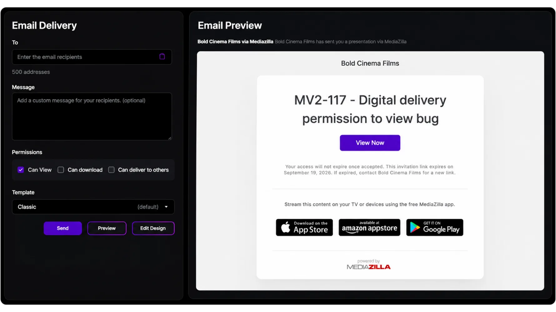 Sending a project with Email Delivery