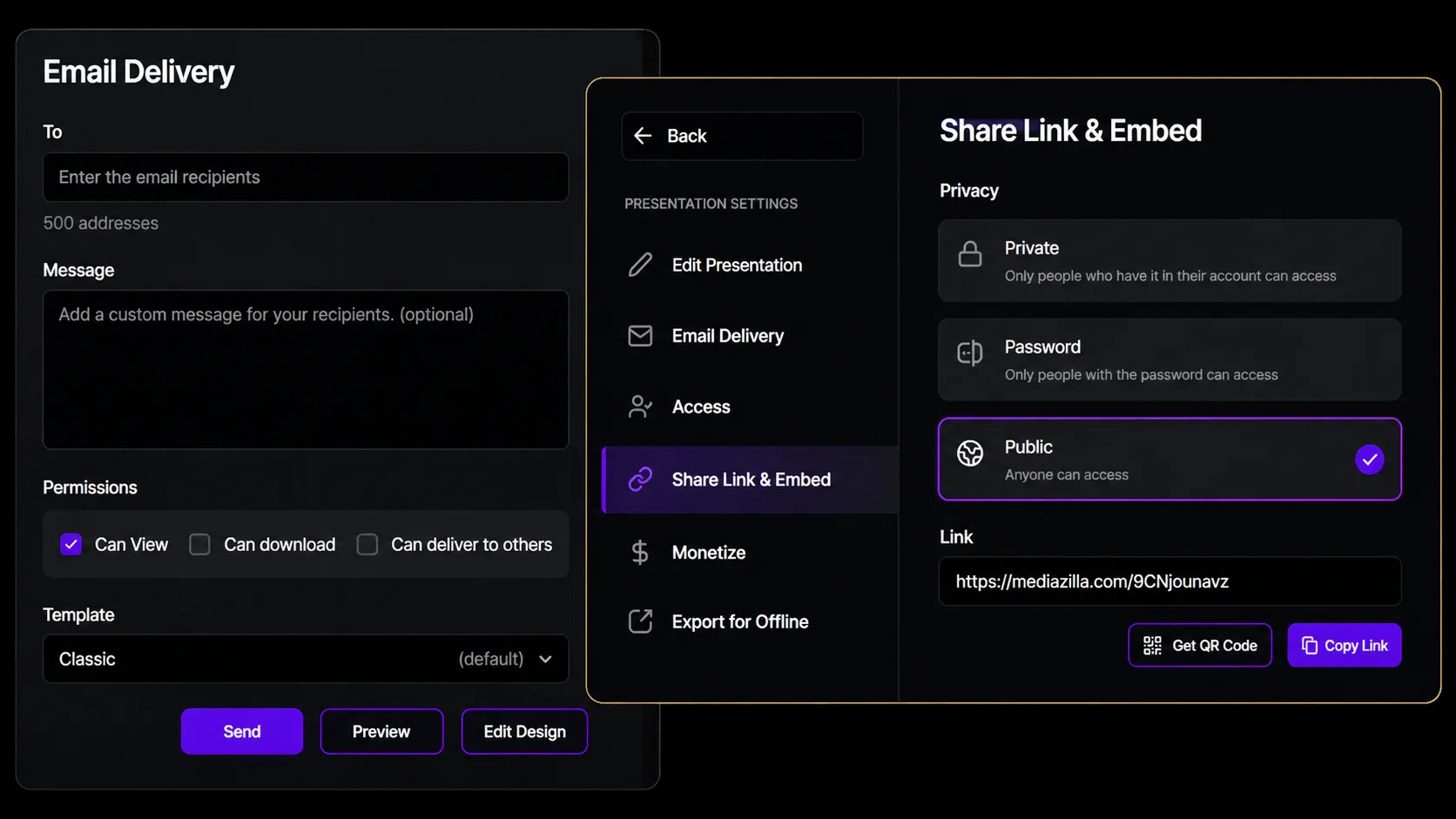 Share Link settings in MediaZilla