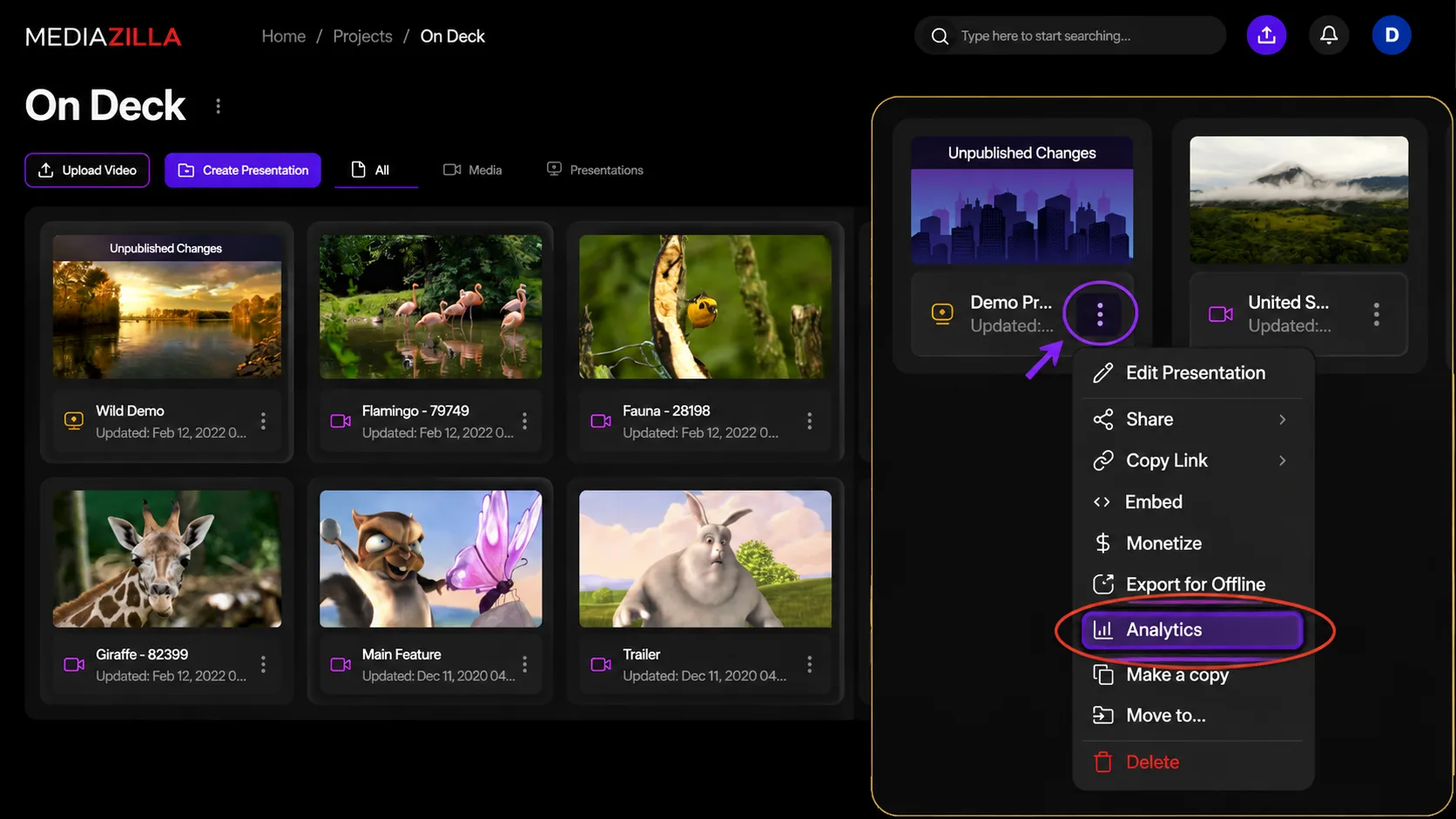 Project video menu with Analytics highlighted