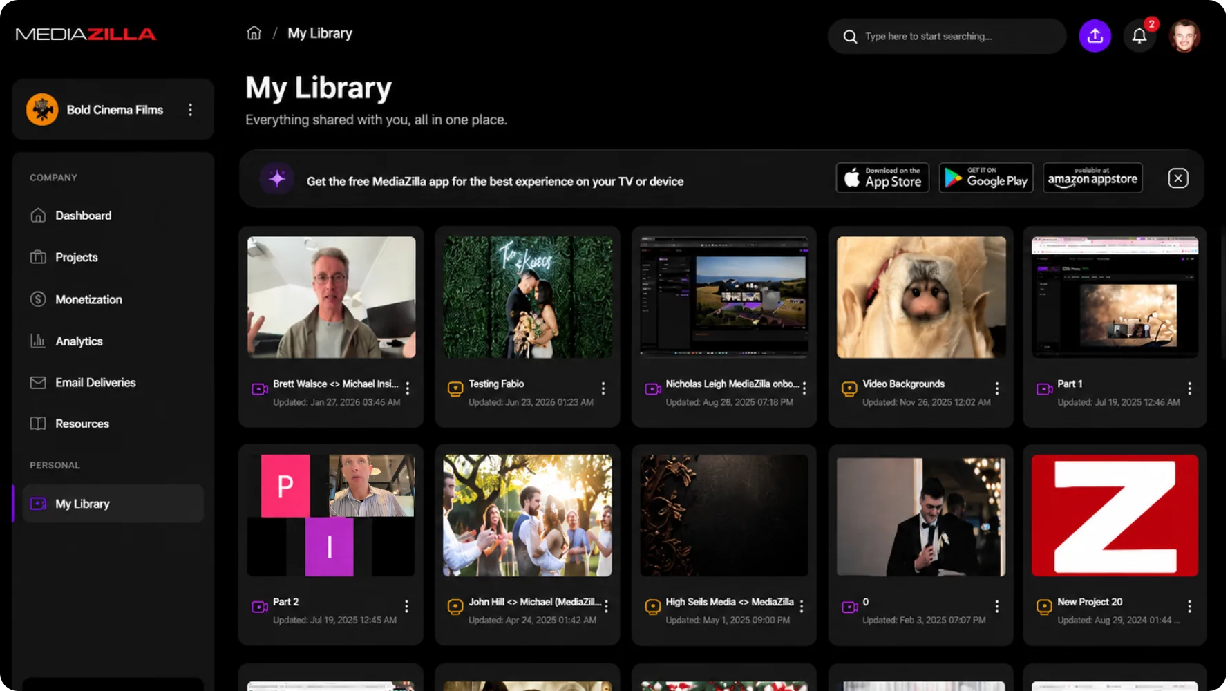 The MediaZilla media library and projects dashboard