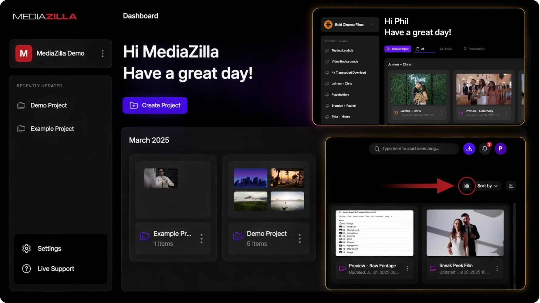 MediaZilla dashboard with Create Project and recent projects