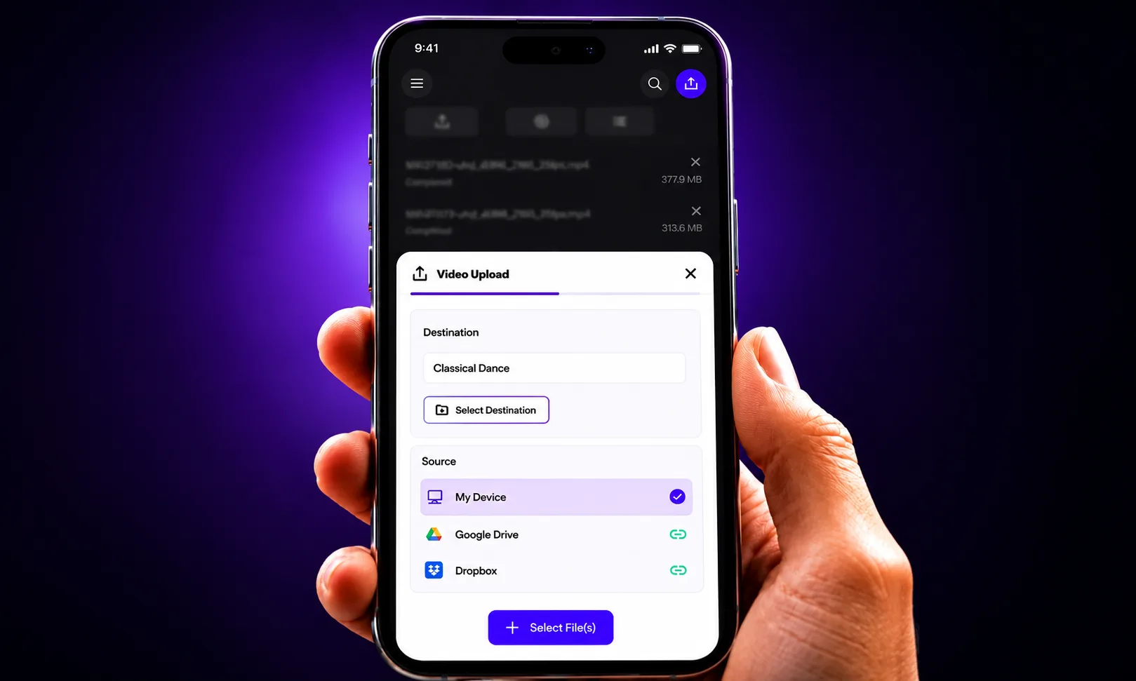 Phone Video Upload sheet with My Device, Google Drive, and Dropbox