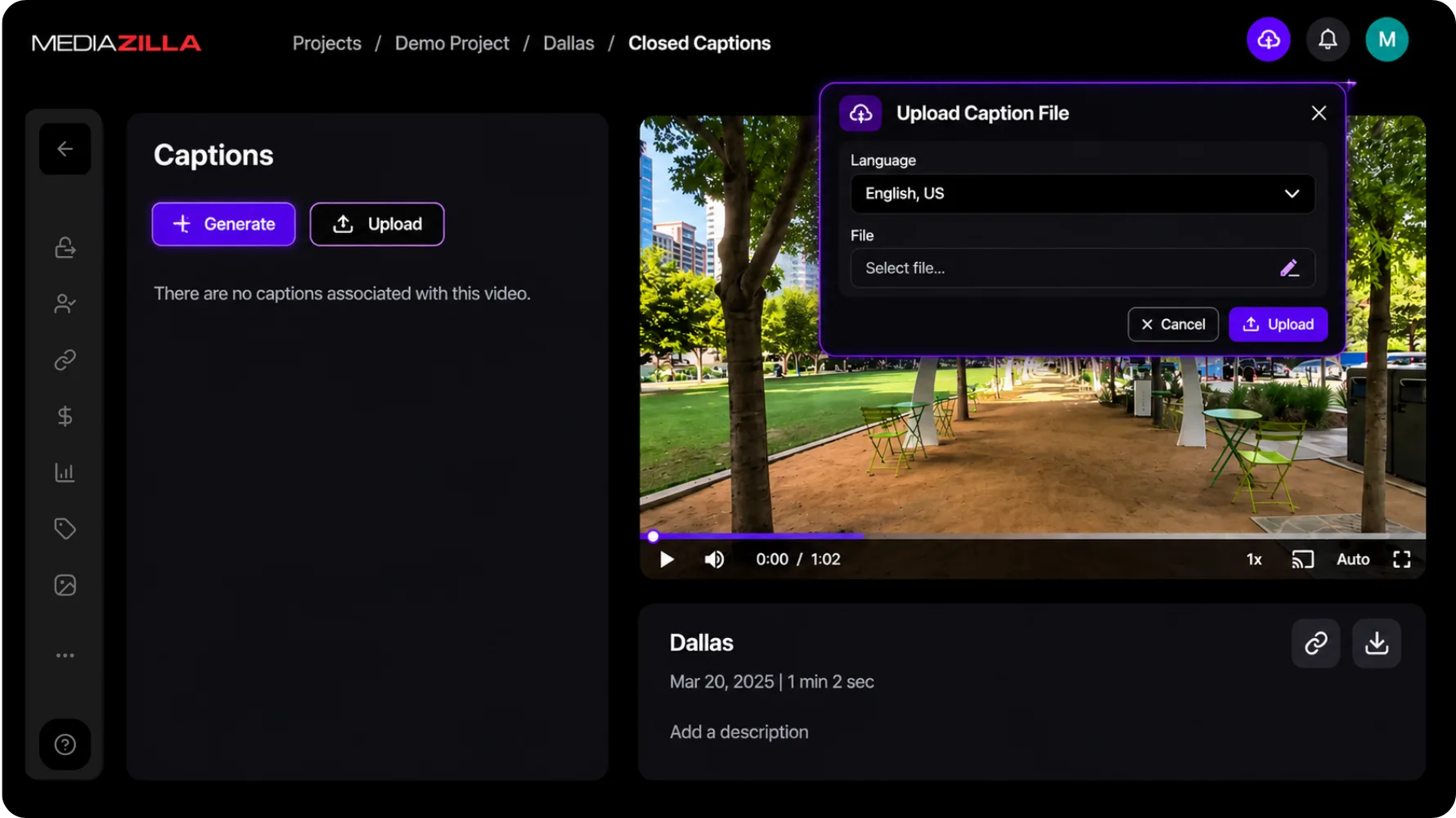 Closed Captions screen with generate, upload, and language picker