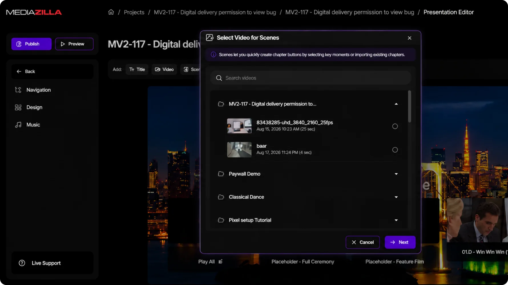Selecting videos to create scene and chapter buttons