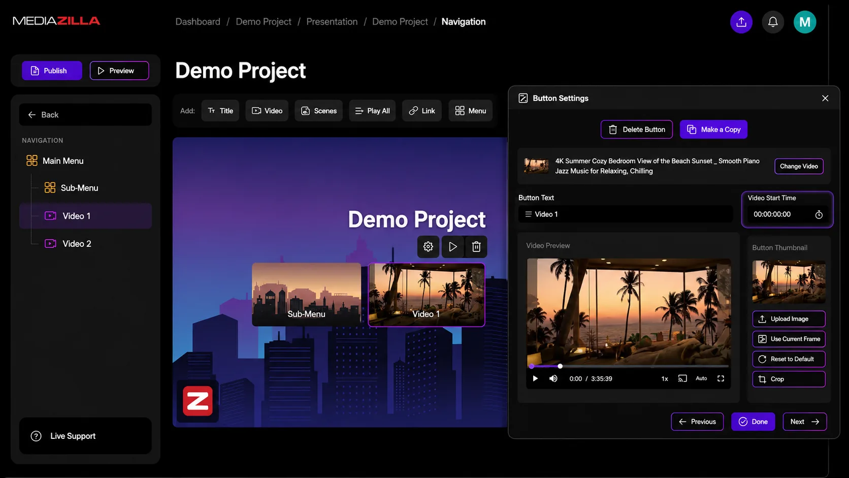 Presentation navigation editor with submenus and button settings