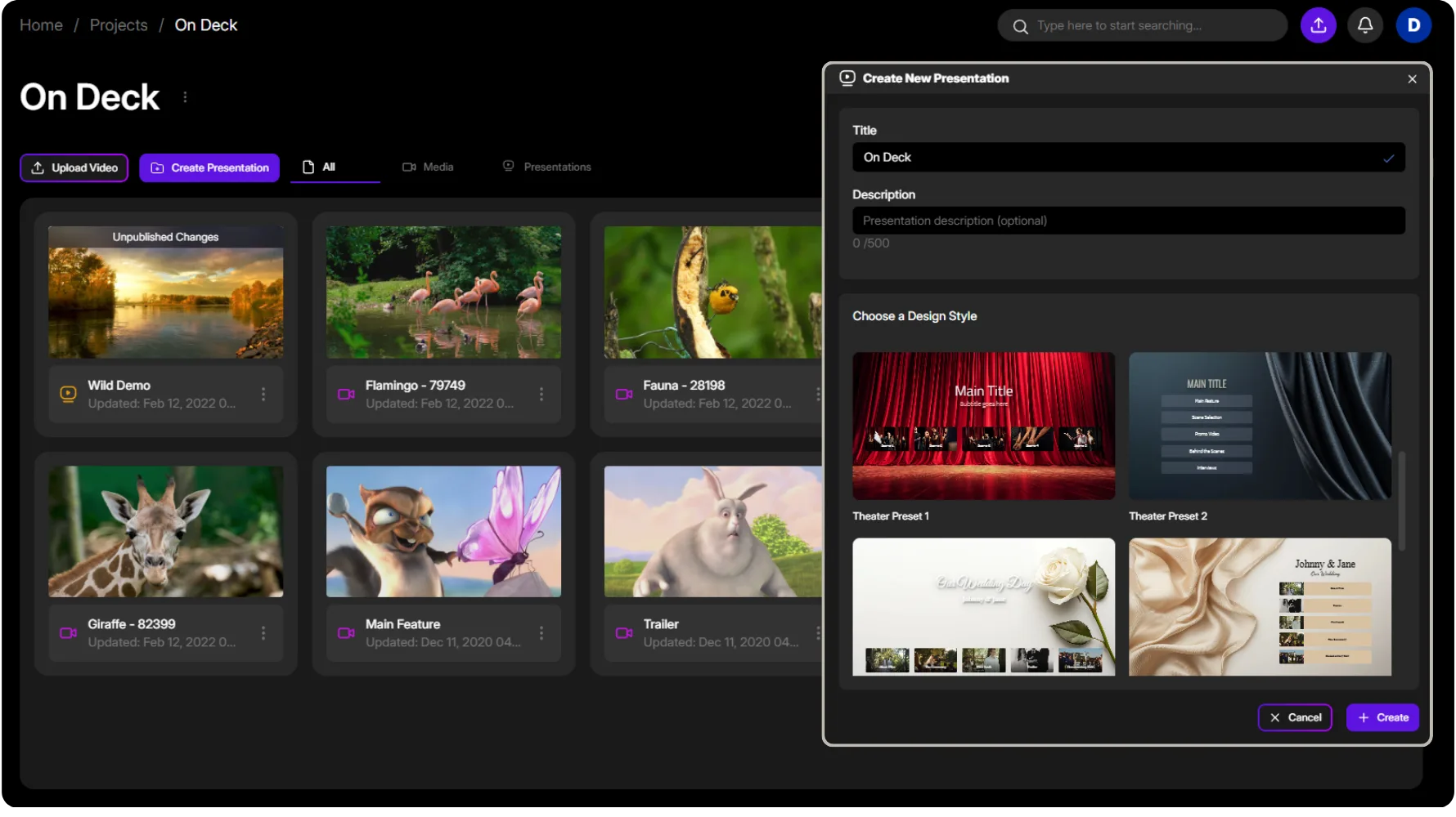 Create New Presentation with design style presets
