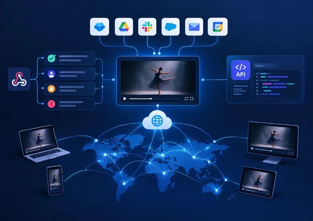 API, cloud storage, and screens connected around the world