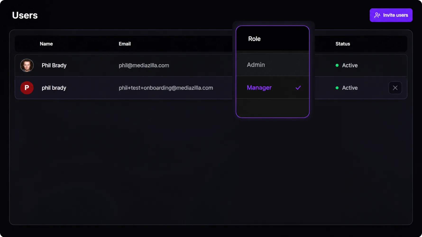 Users list with Invite users and Admin or Manager roles