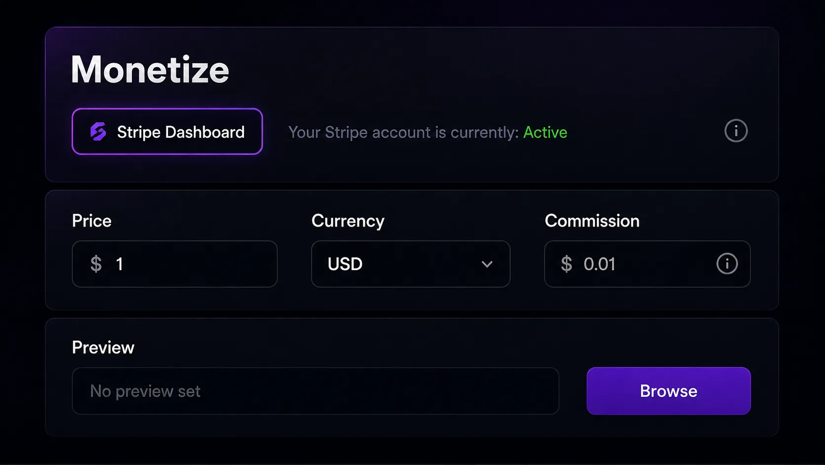 Monetize price, currency, and commission fields with Stripe Active