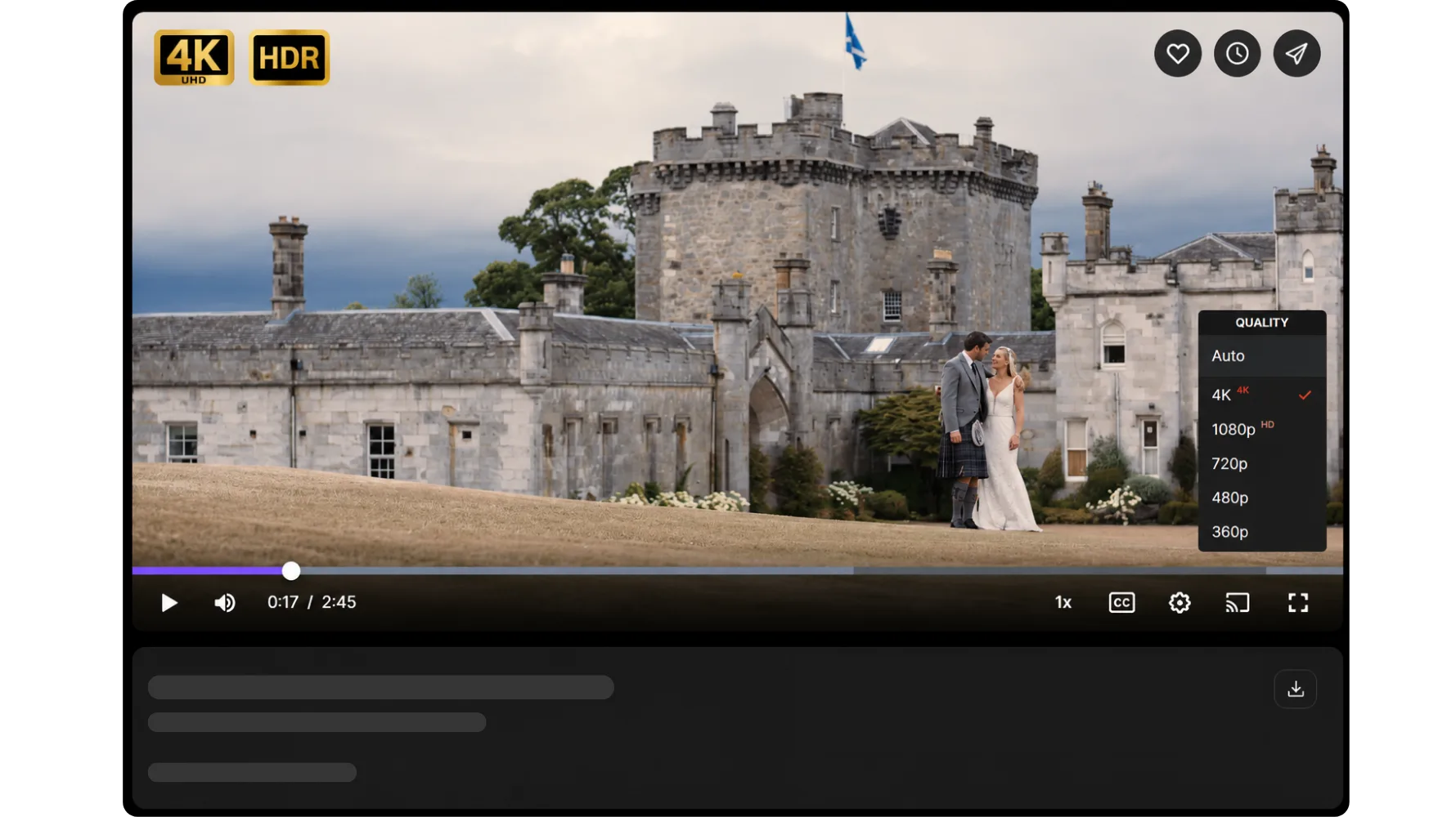 4K HDR player with quality menu from 4K down to 360p