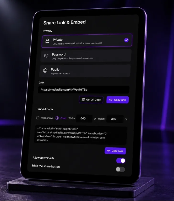 Share Link, QR code, and embed settings