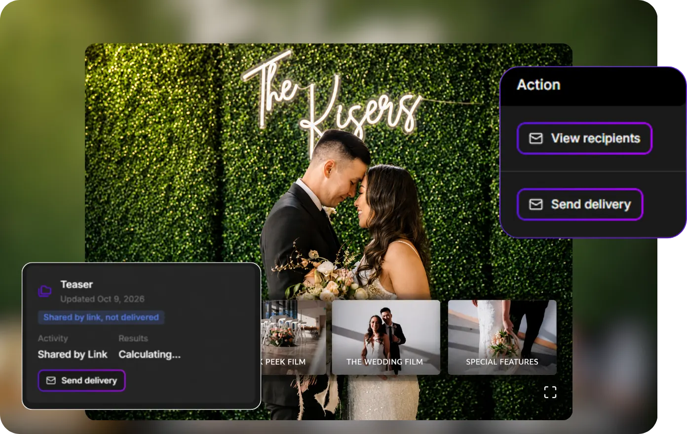 MediaZilla client portal showing wedding film delivery and couple engagement